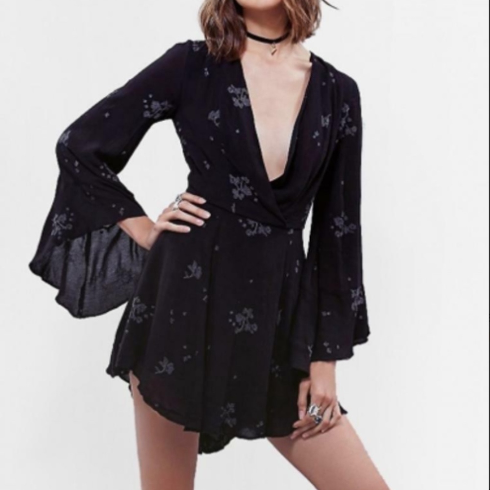 Free People Black Embroidered Long Sleeve Dress